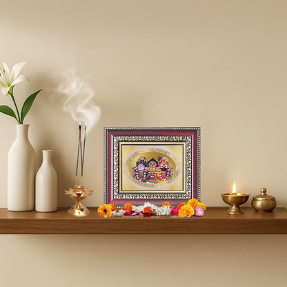 Lord Jagannath Balabhadra Subhadra Divine Puri Trinity Sacred Royal Tabletop Frame in 24K Gold Plated Foil