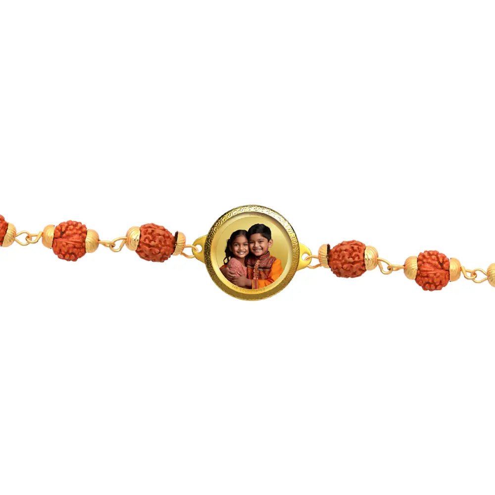 Personalized Rudraksha Rakhi with 22MM 24K Gold Plated Foil Divine Raksha Bandhan Gift