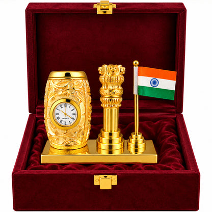 24K Gold-Plated Ashoka Stambh Pen Stand | Premium Gift Box | 12x15 CM