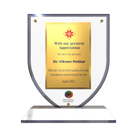 Crystal Shield Personalized Trophy Premium Appreciation Award with 24k Gold Plated Foil