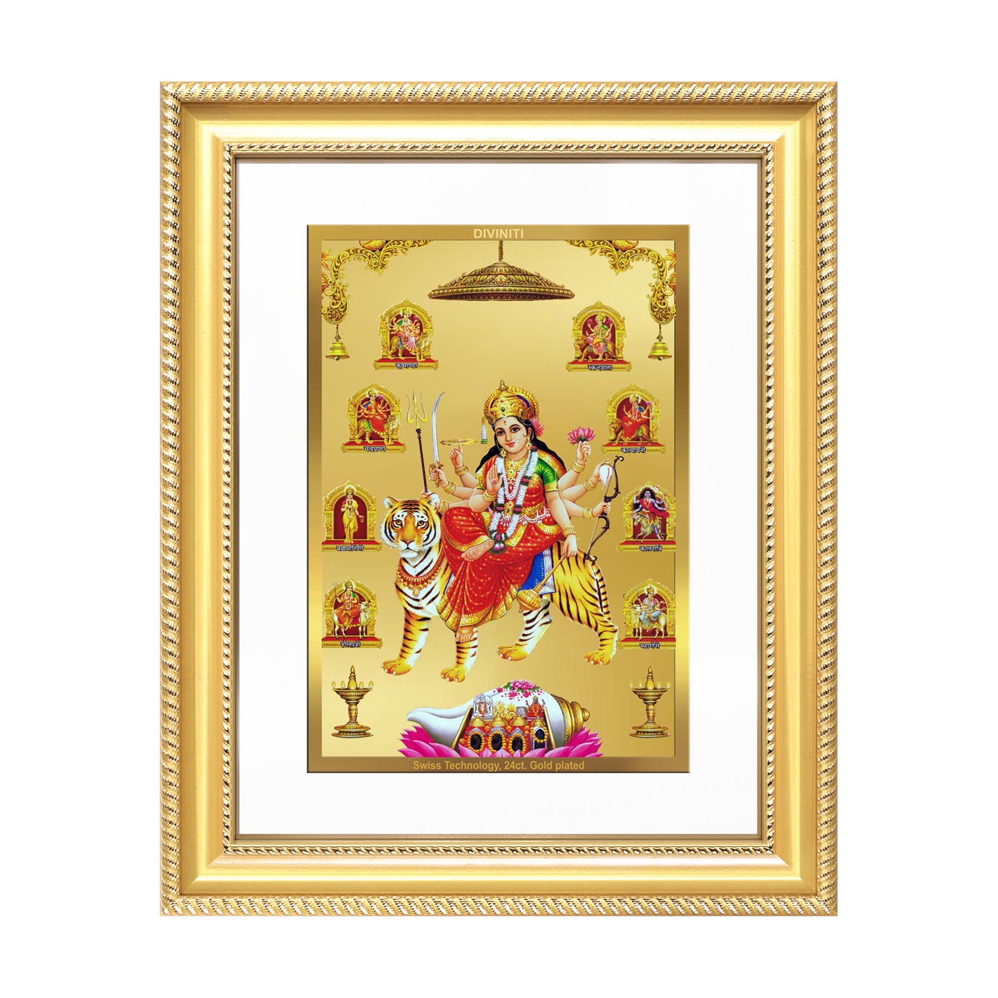Diviniti 24K Gold Plated Nav Durga (Classic) Divine Wall Frame for Home Mandir & Office Decor | Luxury Spiritual Gift