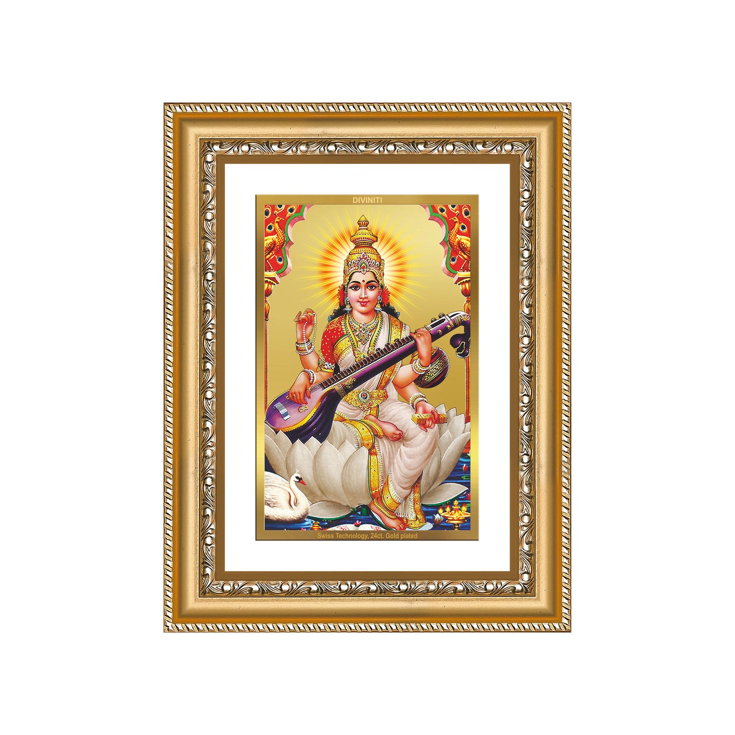 Diviniti 24K Gold Plated Saraswati Mata (Classic) Divine Wall Frame for Home Mandir & Office Decor | Luxury Spiritual Gift