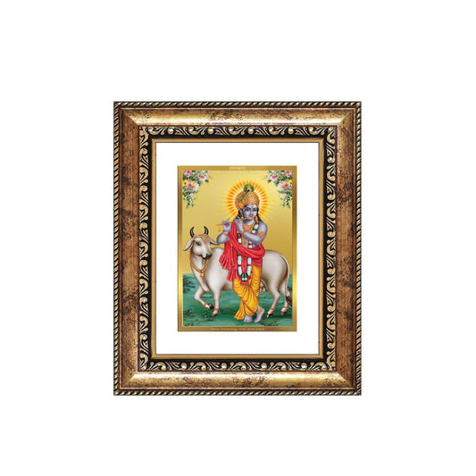 Diviniti 24K Gold Plated Krishna With Surbhi Cow Divine Table Top Frame for Home Mandir & Office Decor | Luxury Spiritual Gift