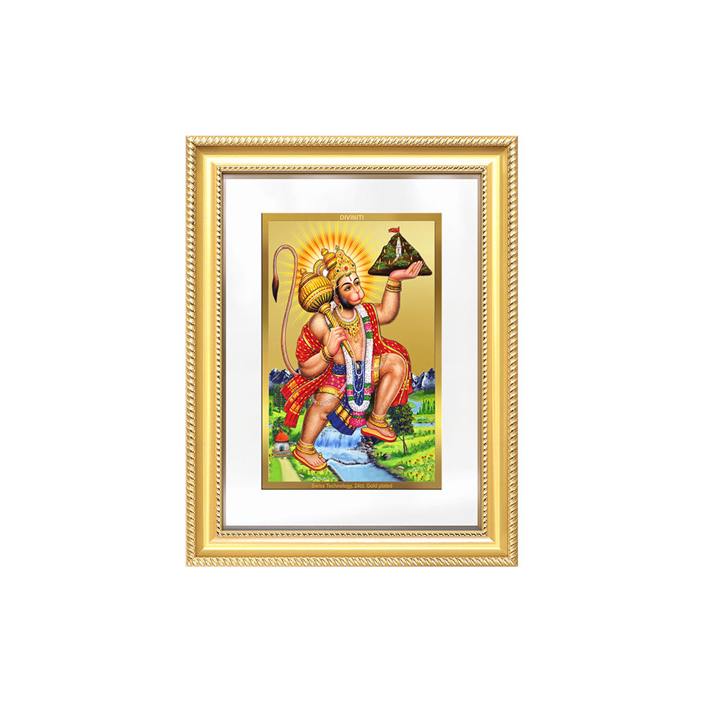 Diviniti 24K Gold Plated Hanuman With Mountain (Classic) Divine Wall Frame for Home Mandir & Office Decor | Luxury Spiritual Gift