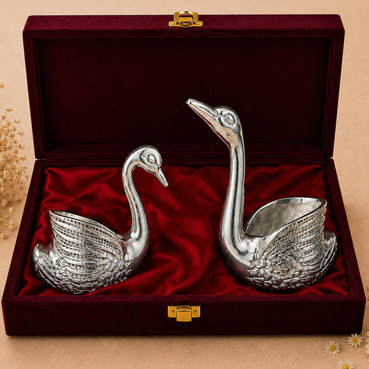 999 Silver-Plated Antique Swan Candle Stand Pair | Premium Gift Box | 12x10 CM