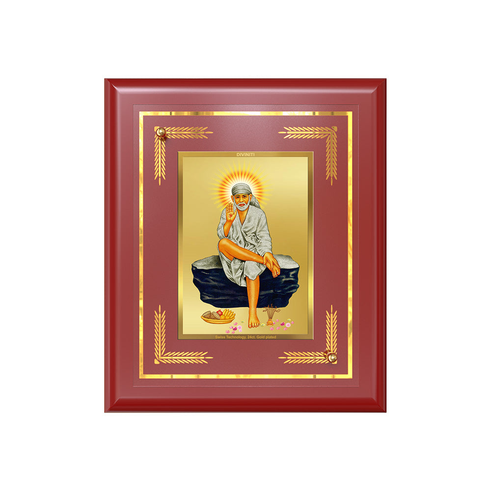 DIVINITI 24K Gold Plated Foil Sai Baba Elegant Photo Frame Idol for Temple, Home Decor, Table Top, Wall Hanging, Gift|MDF Size 1 (16x13.5 CM)