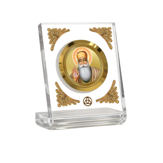 Guru Nanak Dev Ji Diviniti Premium Gold on Gold 24K gold plated car dashboard frame in a clear display.