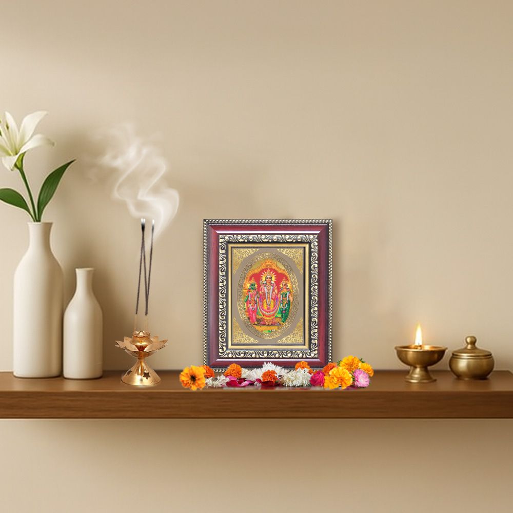 Lord Murugan with Valli & Devasena Divine Subramanya Sacred Blessings Royal Tabletop Frame in 24K Gold Plated Foil