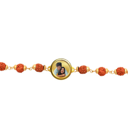 Personalized Rudraksha Rakhi with 18MM 24K Gold Plated Foil Divine Raksha Bandhan Gift