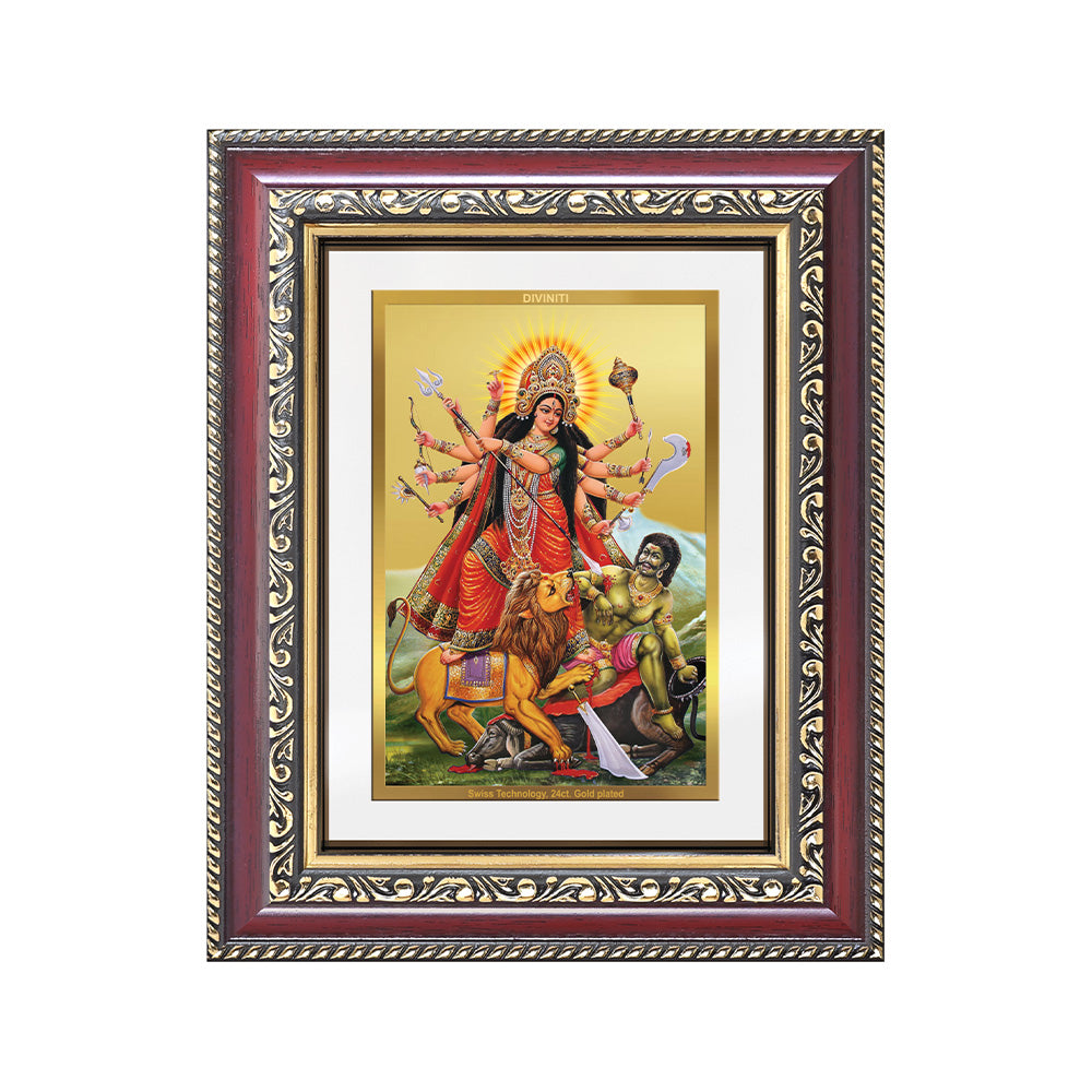 Diviniti 24K Gold Plated Durga - Mahishasura Mardini (Classic) Divine Wall and Table Top Frame for Home Mandir & Office Decor | Luxury Spiritual Gift