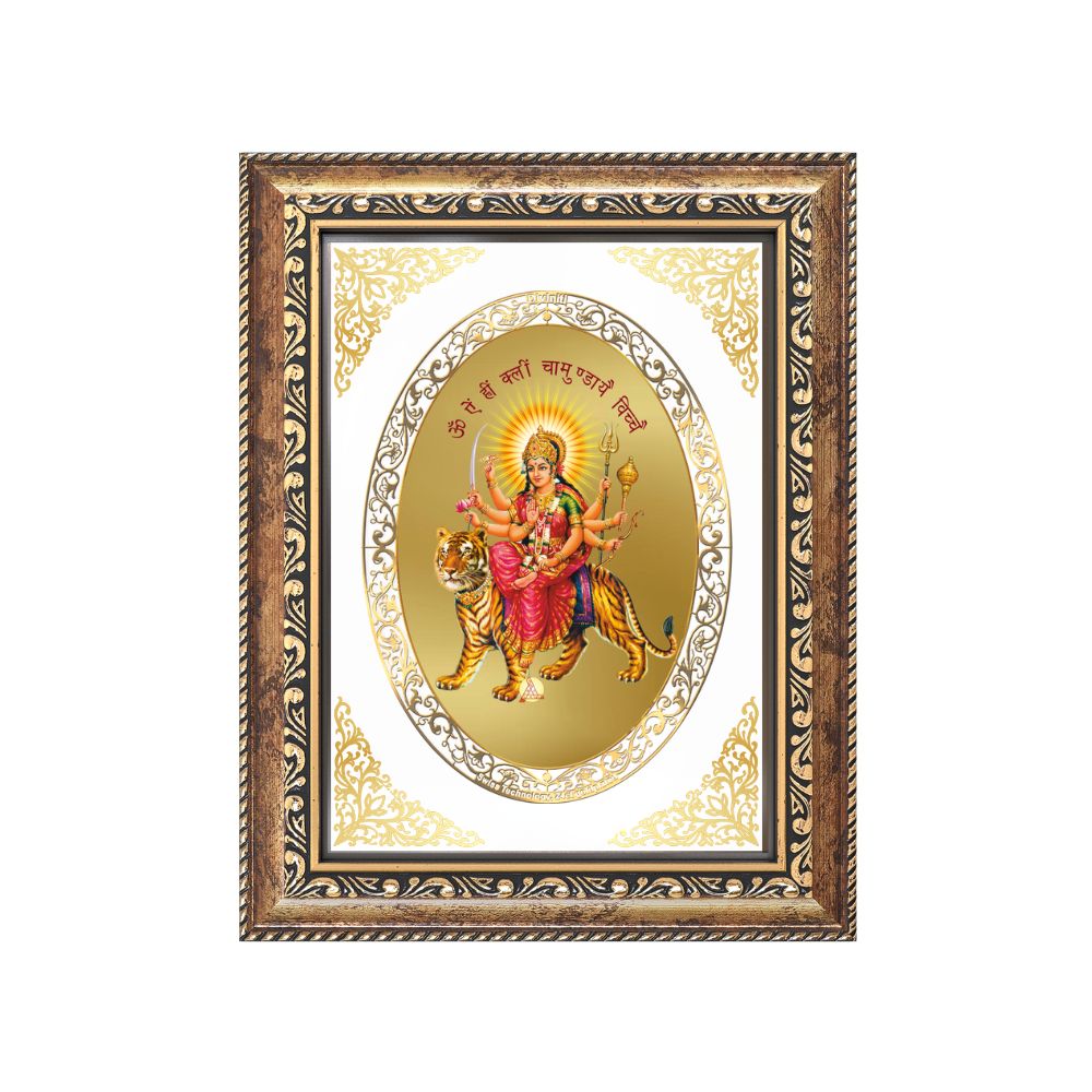 Durga Mata with Sacred Mantra | Divine Wall & Tabletop Royal Photo Frame in 24K Gold Plated Foil