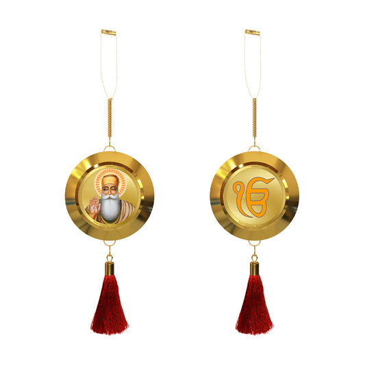 Diviniti 24K Gold Plated Double-Sided Guru Nanak Dev Ji & Ik Onkar Car Dangler (5.5 cm) | Divine Hanging Car Decor for Protection, Positive Energy & Spiritual Blessings