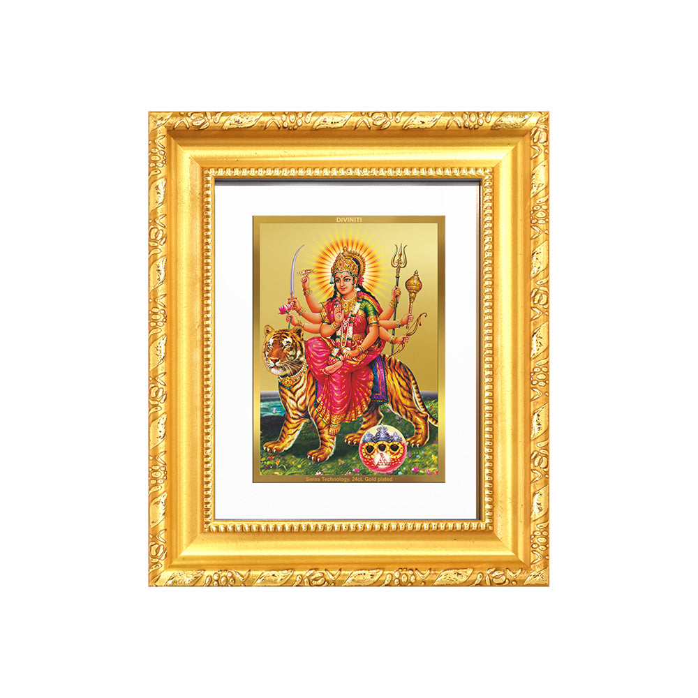 Diviniti 24K Gold Plated Durga - Sherawali Mata With Pind |Divine Table Top Frame for Home Mandir & Office Decor | Luxury Spiritual Gift