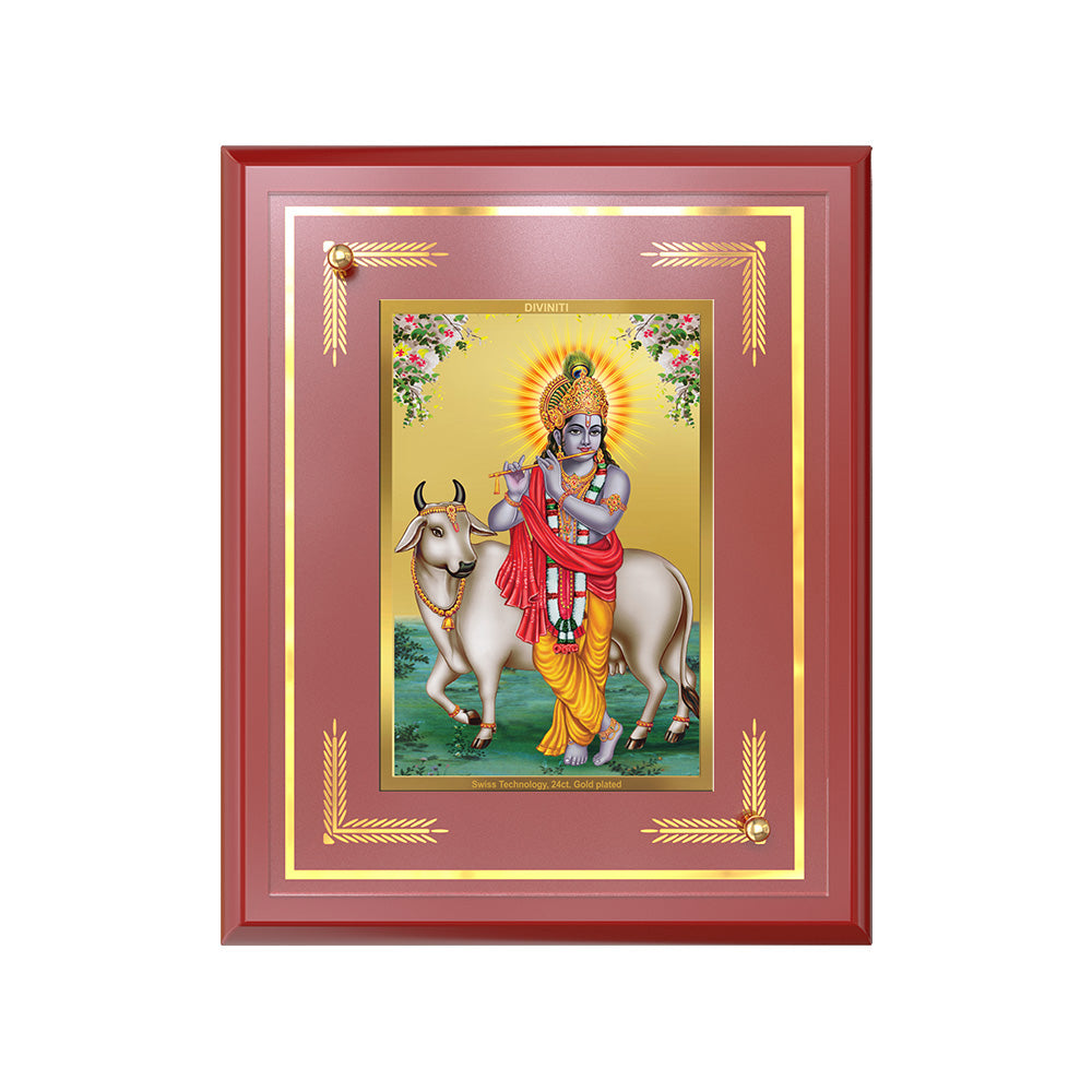 Lord Krishna with Surbhi Cow | Divine Wall and Tabletop Photo Frame in 24K Gold Plated Foil