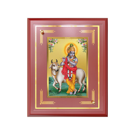 Lord Krishna with Surbhi Cow | Divine Wall and Tabletop Photo Frame in 24K Gold Plated Foil