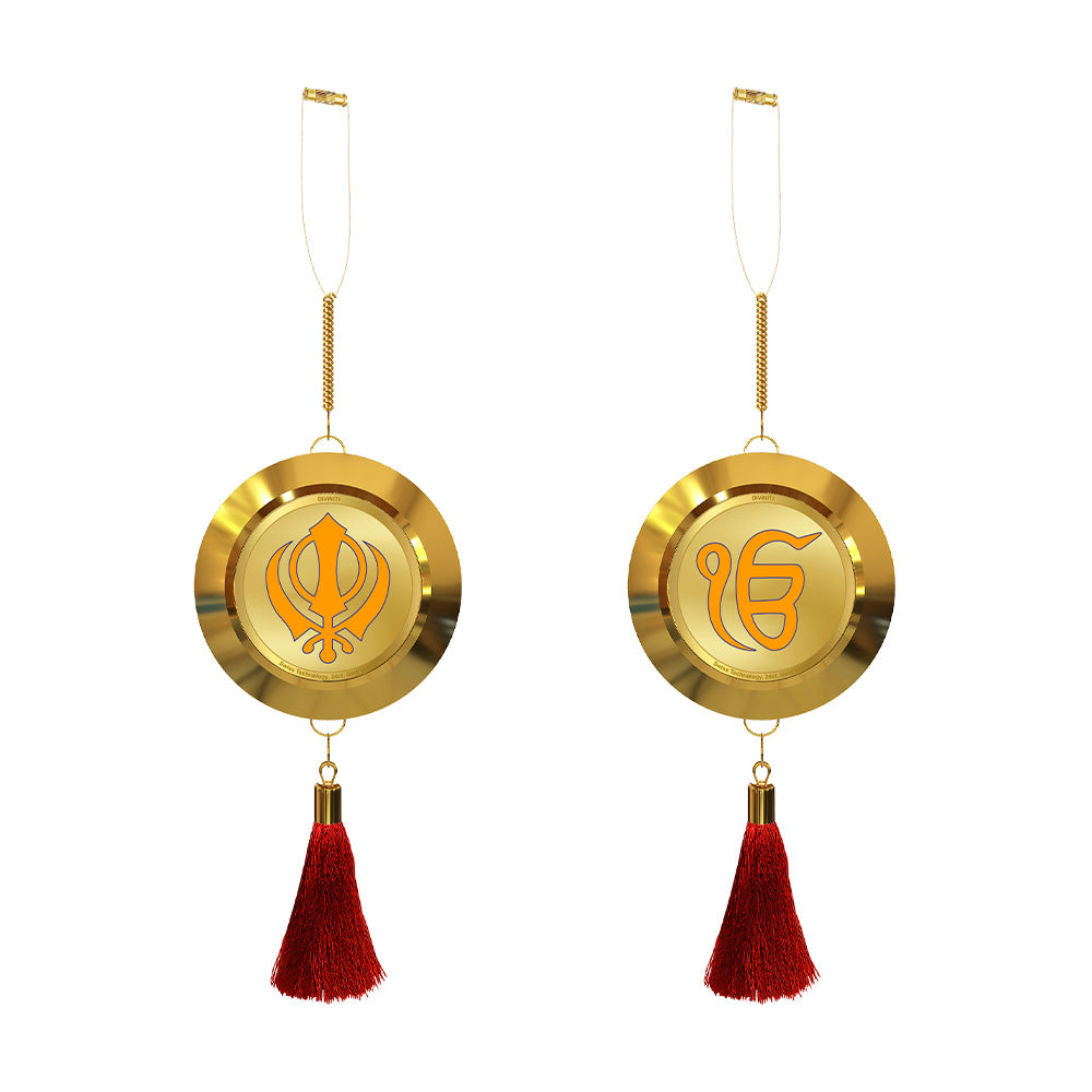 Diviniti 24K Gold Plated Double Sided Khanda Sahib & Ik Onkar Car Dangler | 5.5CM Khanda Sahib Hanging Car Decor|Luxurious Dangler For Car|Divine Car Accessories For Positive Energy & Protection