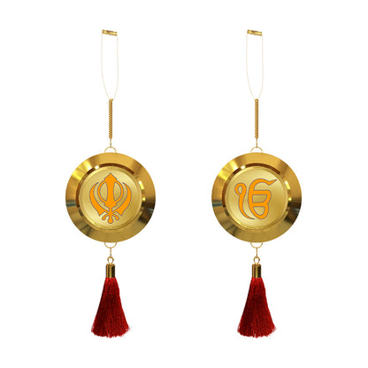 Diviniti 24K Gold Plated Double Sided Khanda Sahib & Ik Onkar Car Dangler | 5.5CM Khanda Sahib Hanging Car Decor|Luxurious Dangler For Car|Divine Car Accessories For Positive Energy & Protection