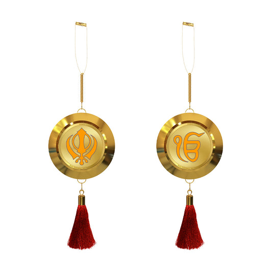 Diviniti 24K Gold Plated Double Sided Khanda Sahib & Ik Onkar Car Dangler | 5.5CM Khanda Sahib Hanging Car Decor|Luxurious Dangler For Car|Divine Car Accessories For Positive Energy & Protection