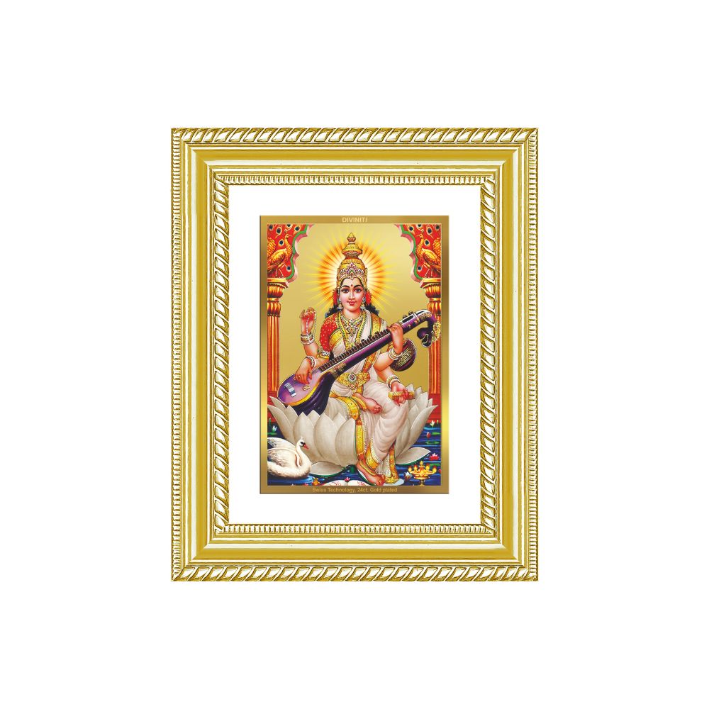 Diviniti 24K Gold Plated Saraswati Mata (Classic) Divine Wall and Table Top Frame for Home Mandir & Office Decor | Luxury Spiritual Gift