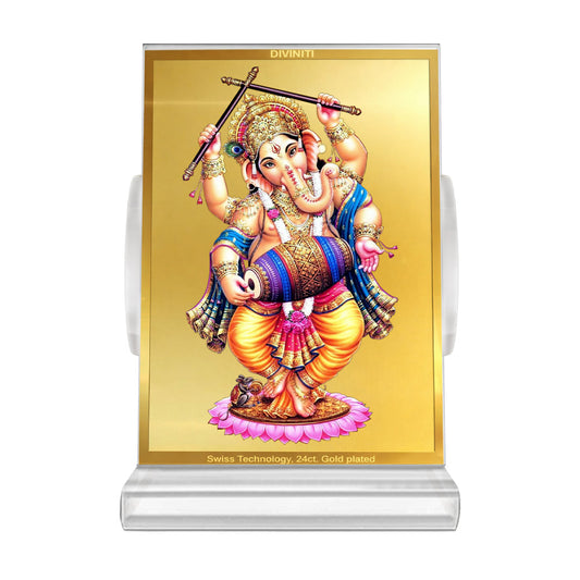 Dancing Ganesha | Divine Lord Ganesha Car Dashboard & Tabletop Photo Frame in 24K Gold Plated Foil