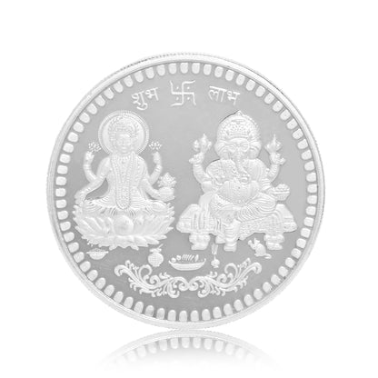 DIVINITI Pure Silver Coin Featuring Laxmi Ganesh & Om A Sacred Symbol of Prosperity and Spirituality for Home & Office Décor, Puja Room Diwali Gift (100g)