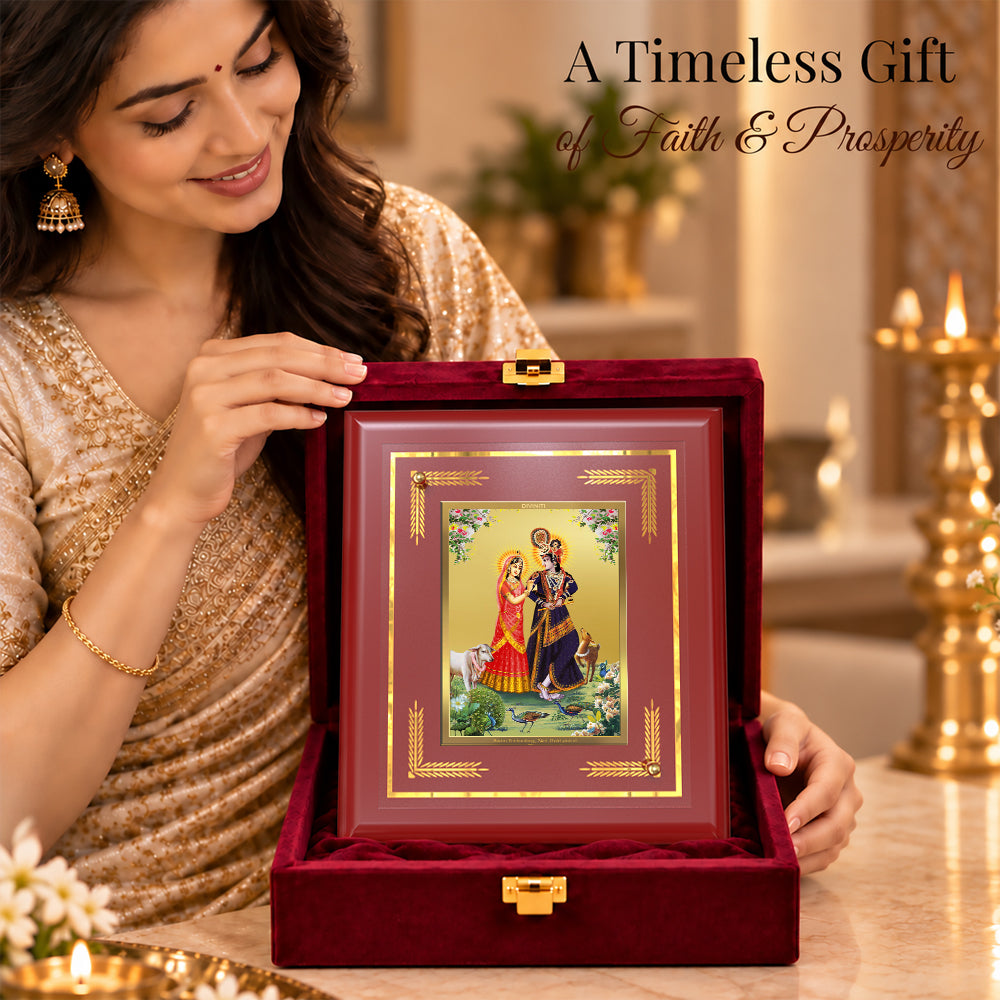 24K Gold-Plated Radha Krishna with Cow MDF Frame | Premium Gift Box | 13.5x16 CM