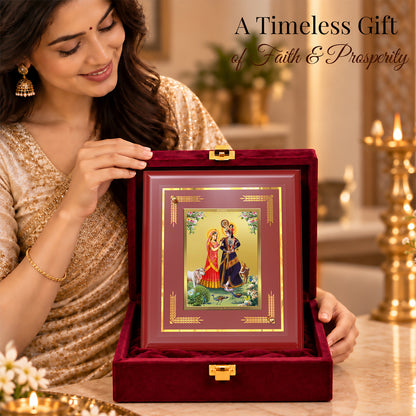 24K Gold-Plated Radha Krishna with Cow MDF Frame | Premium Gift Box | 13.5x16 CM