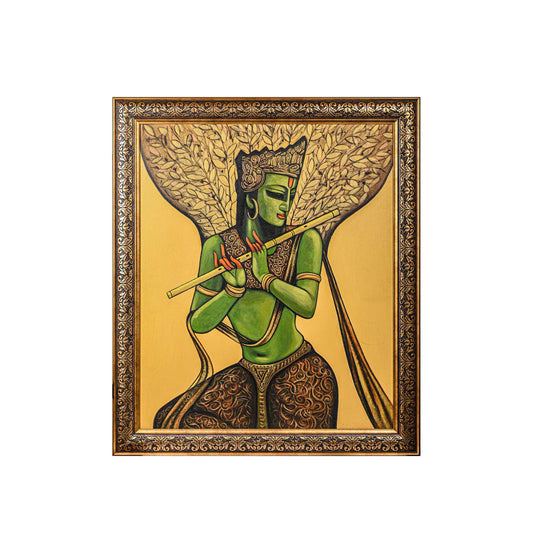 Handmade Krishna Playing Flute Painting| Wall Decoration Painting with Divine Illustration| Stunning & Durable Wall Art| A Perfect Gift Option For Special Occasions|