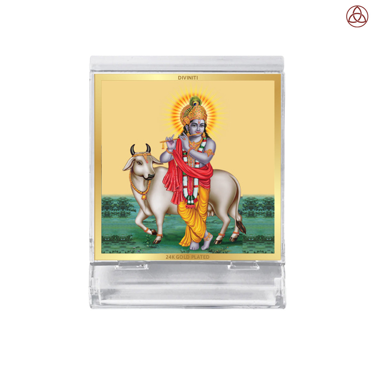 Krishna with Surbhi Cow | Divine Lord Krishna Car Dashboard & Tabletop Photo Frame in 24K Gold Plated Foil