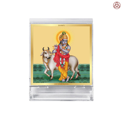 Krishna with Surbhi Cow | Divine Lord Krishna Car Dashboard & Tabletop Photo Frame in 24K Gold Plated Foil