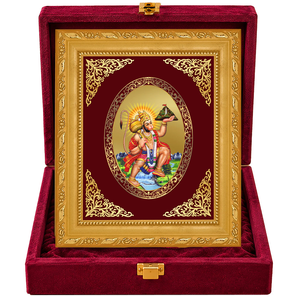 24K Gold-Plated Lord Hanuman with Sanjeevani Mountain Frame | Premium Gift Box | 16x13.5 CM