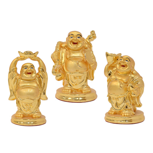 DIVINITI 24K Gold-Plated Three Laughing Buddha Idol Embrace Joy, Prosperity, and Happiness for Home Office Décor, Tabletop, Gift (14x7 CM)