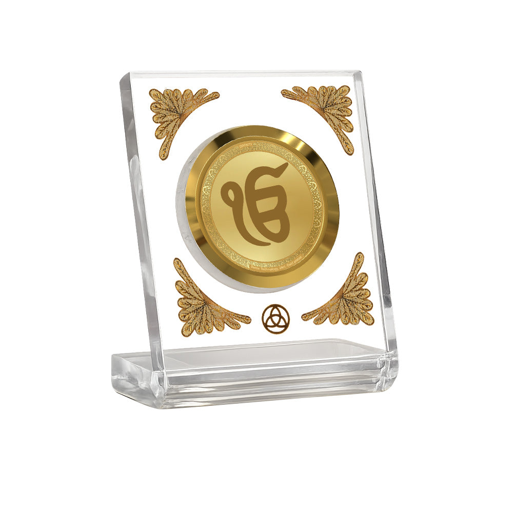 Ik Omkar Diviniti Premium Gold on Gold 24K gold plated car dashboard frame in a clear display.