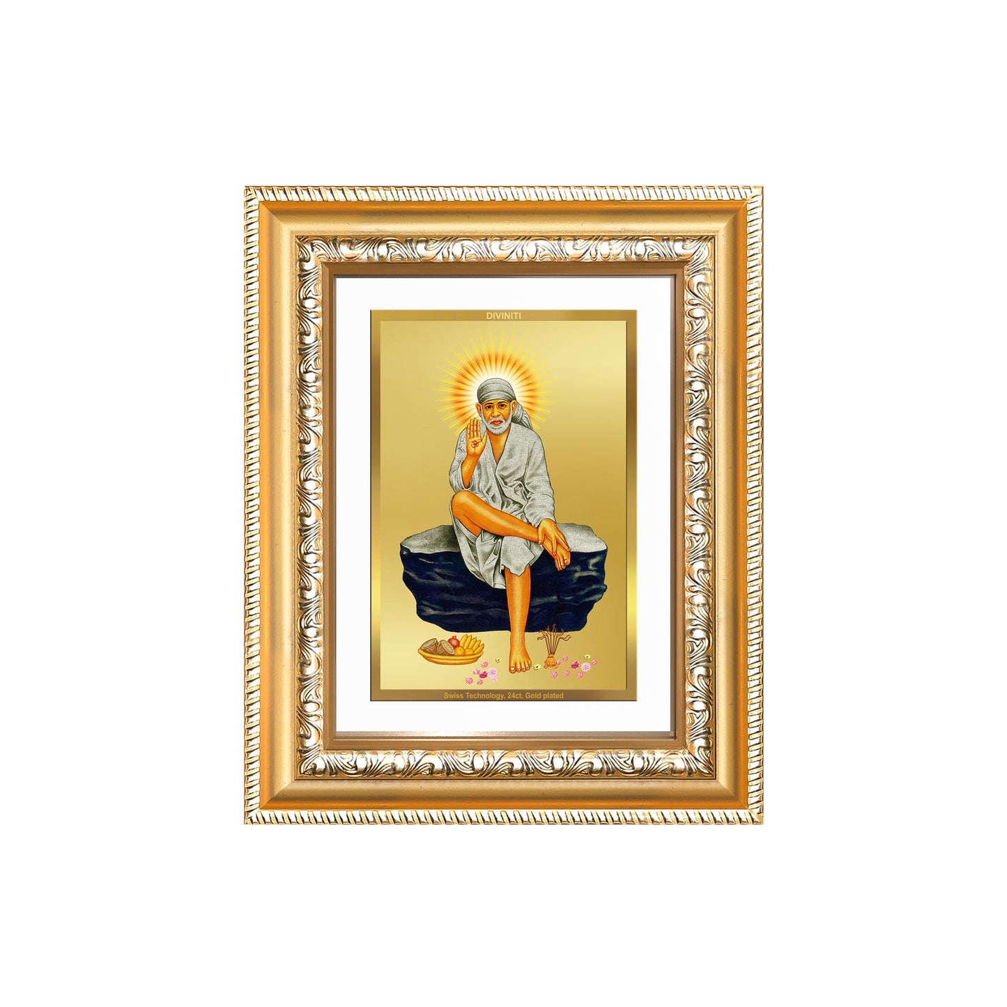 Diviniti 24K Gold Plated Sai Baba (Classic) Divine Wall and Table Top Frame for Home Mandir & Office Decor | Luxury Spiritual Gift