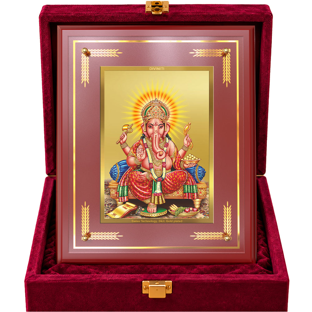 24K Gold-Plated Lord Ganesha MDF Frame | Premium Gift Box | 27x35 CM