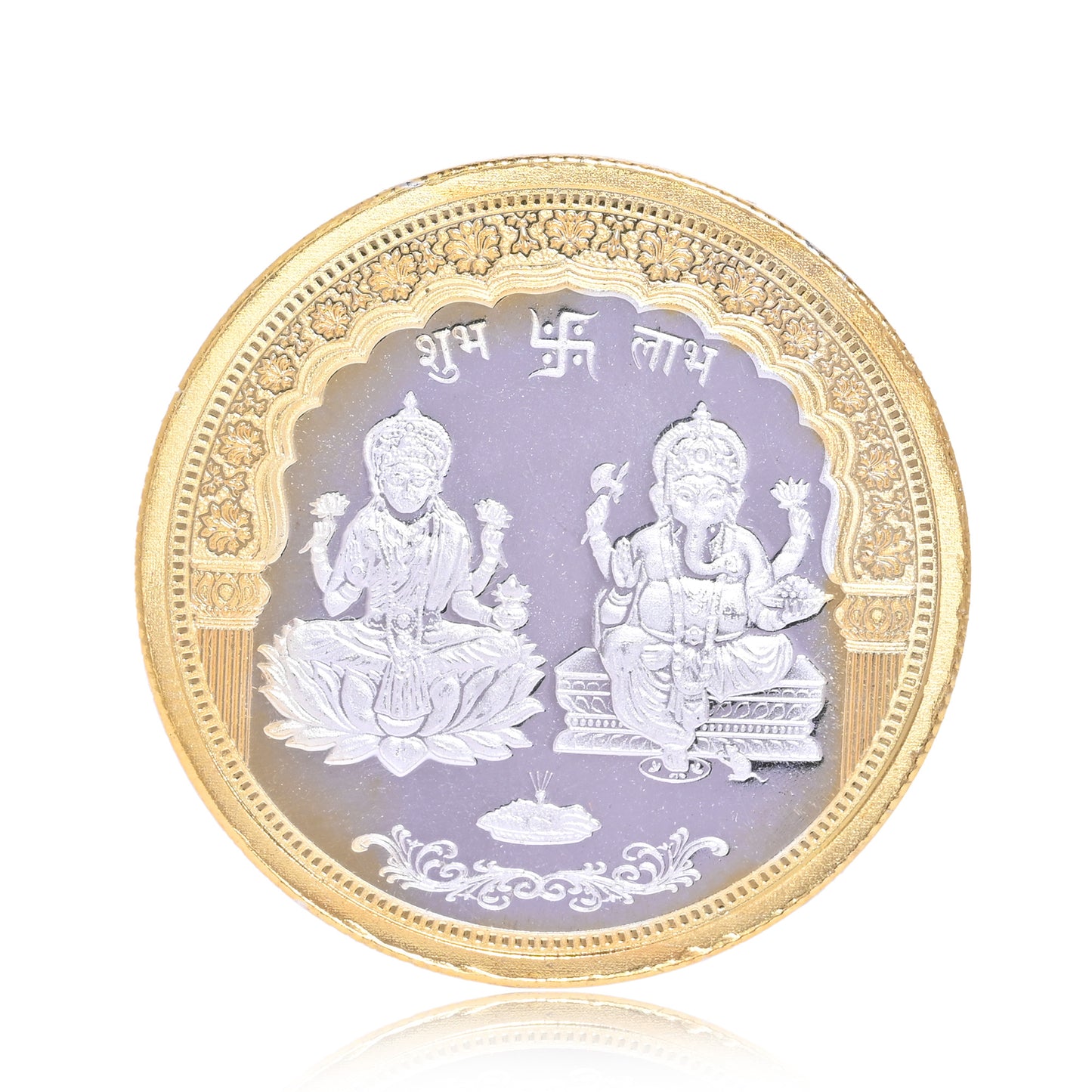 DIVINITI Pure Silver Coin with 24K Gold Plated Laxmi Ganesh and Swastik An Exquisite Emblem of Prosperity for Home & Office Décor, Puja Room Diwali Gift (100g)