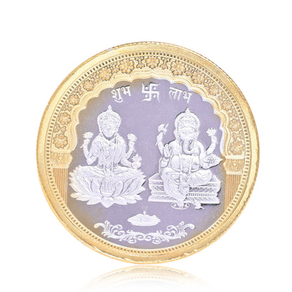DIVINITI Pure Silver Coin with 24K Gold Plated Laxmi Ganesh and Swastik An Exquisite Emblem of Prosperity for Home & Office Décor, Puja Room Diwali Gift (100g)