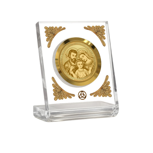 Diviniti Premium Gold on Gold Holy Family 24K gold plated car dashboard frame in a clear display.