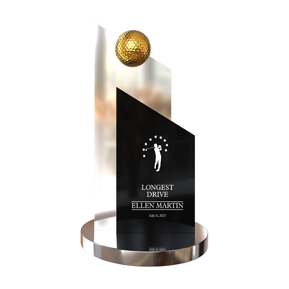 Personalized Longest Drive Golf Trophy Premium Crystal Award with Golden Ball and Engraved Personalization