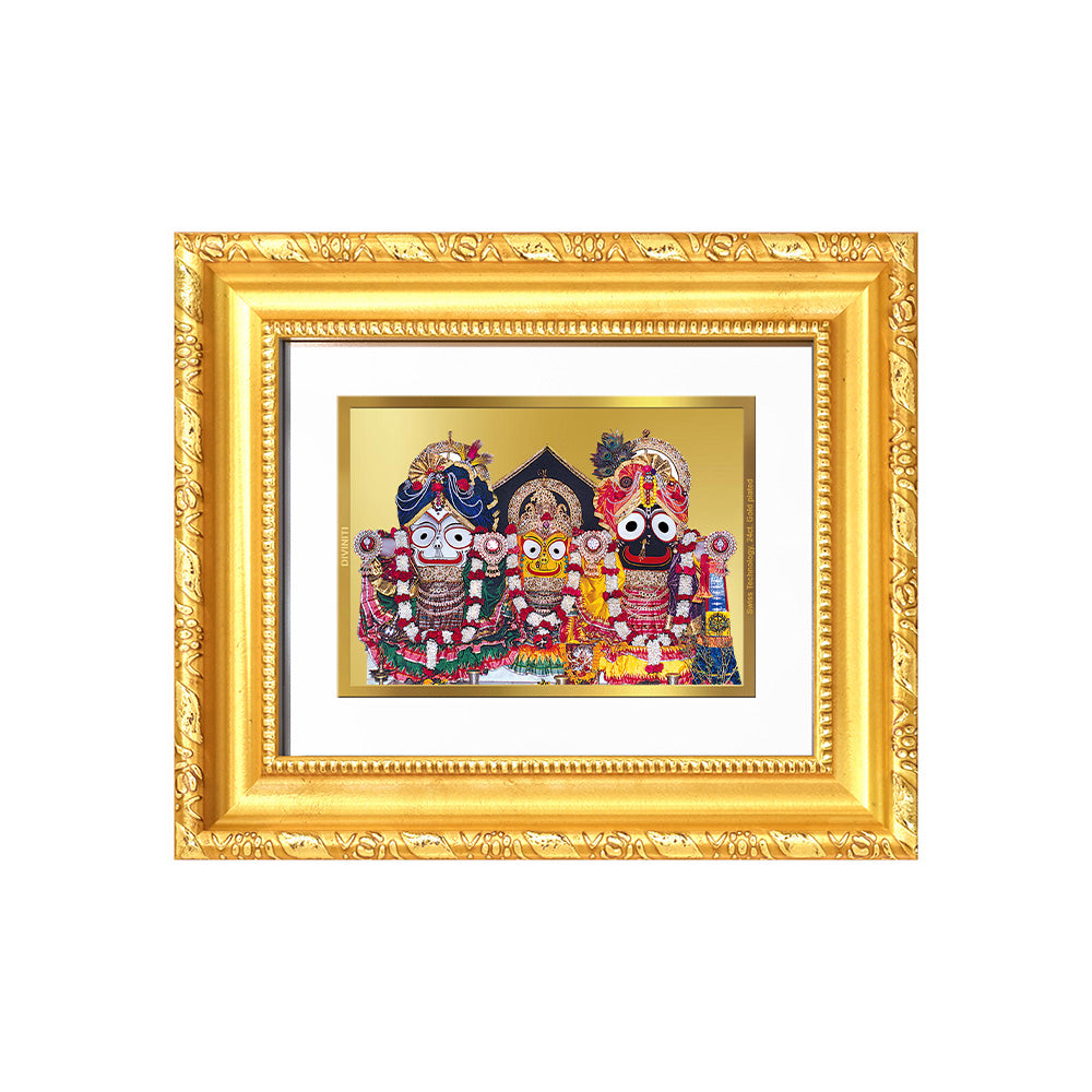 Diviniti 24K Gold Plated Jagannath Subhadra Balabhadra |Divine Table Top Frame for Home Mandir & Office Decor | Luxury Spiritual Gift
