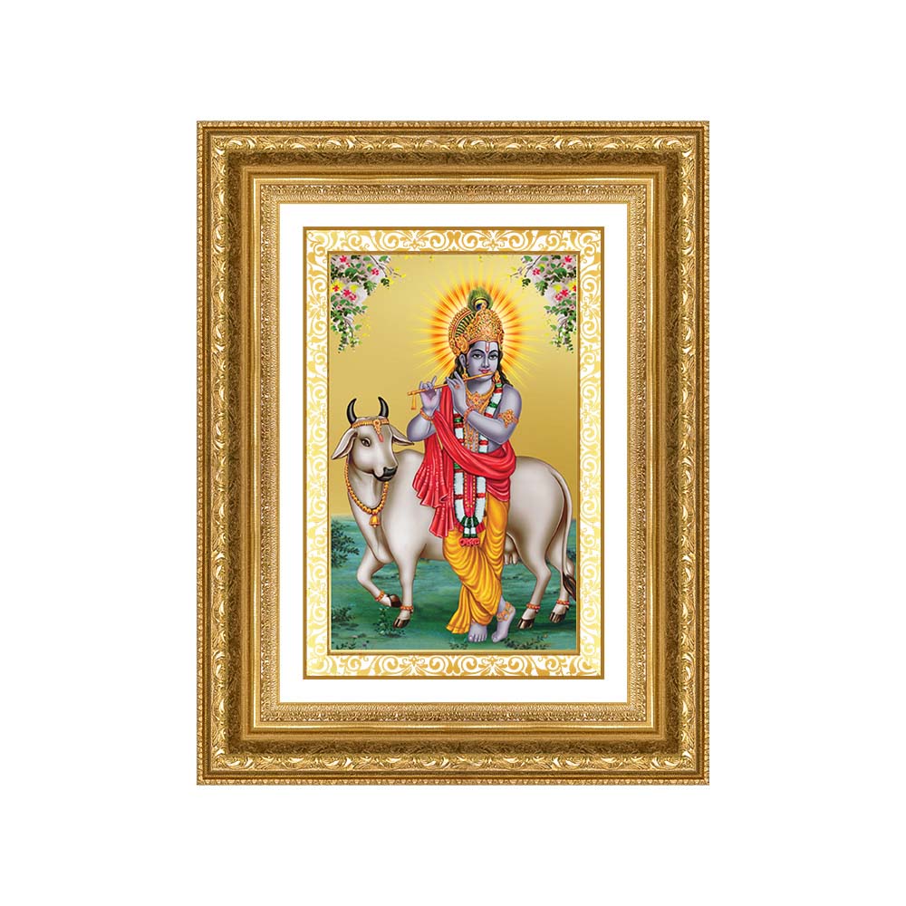 Diviniti 24K Gold Plated Krishna With Surbhi Cow (Classic) Divine Wall Frame for Home Mandir & Office Decor | Luxury Spiritual Gift