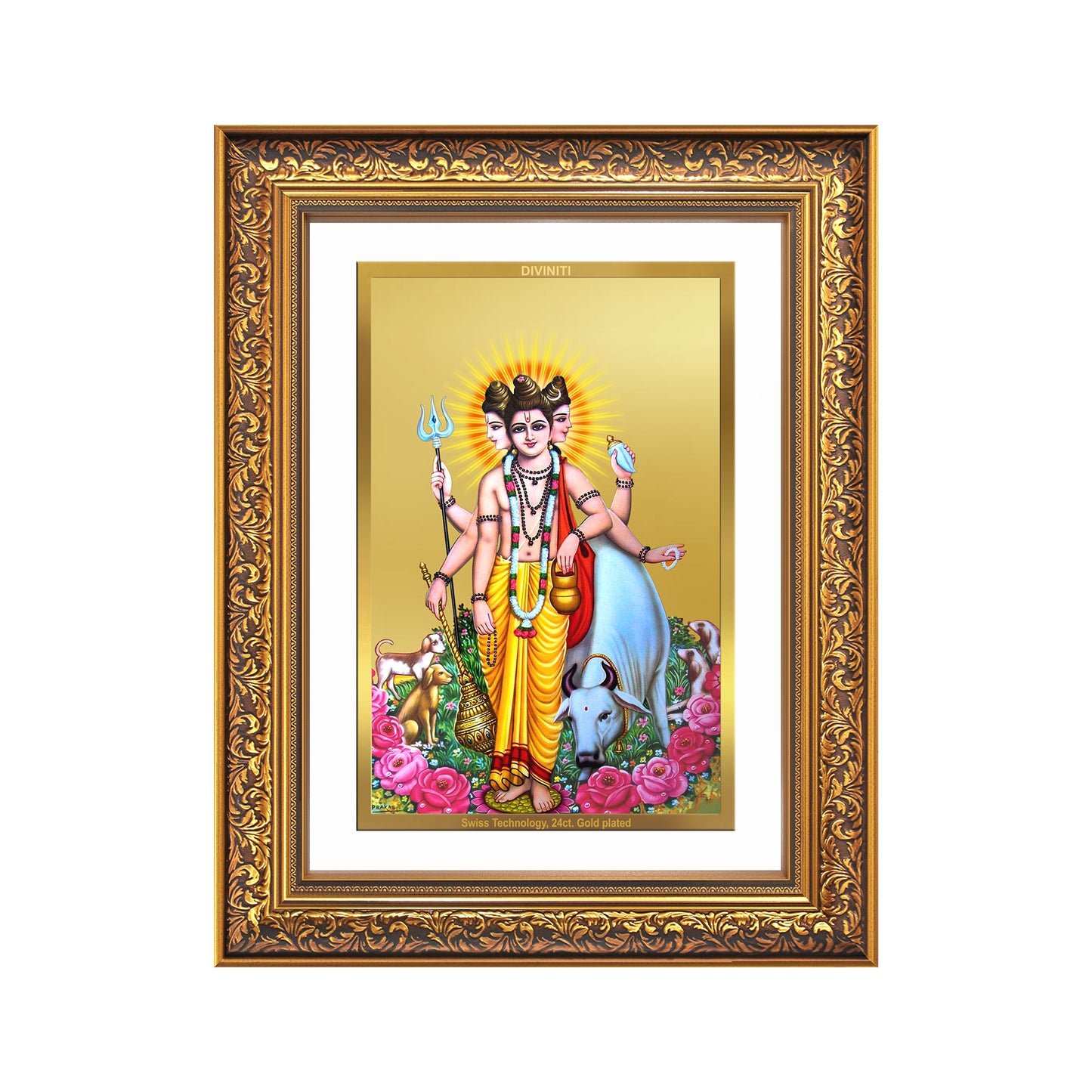 Dattatreya with Kamadhenu | Shri Dattatreya Wall Mount Photo Frame in 24K Gold Plated Foil