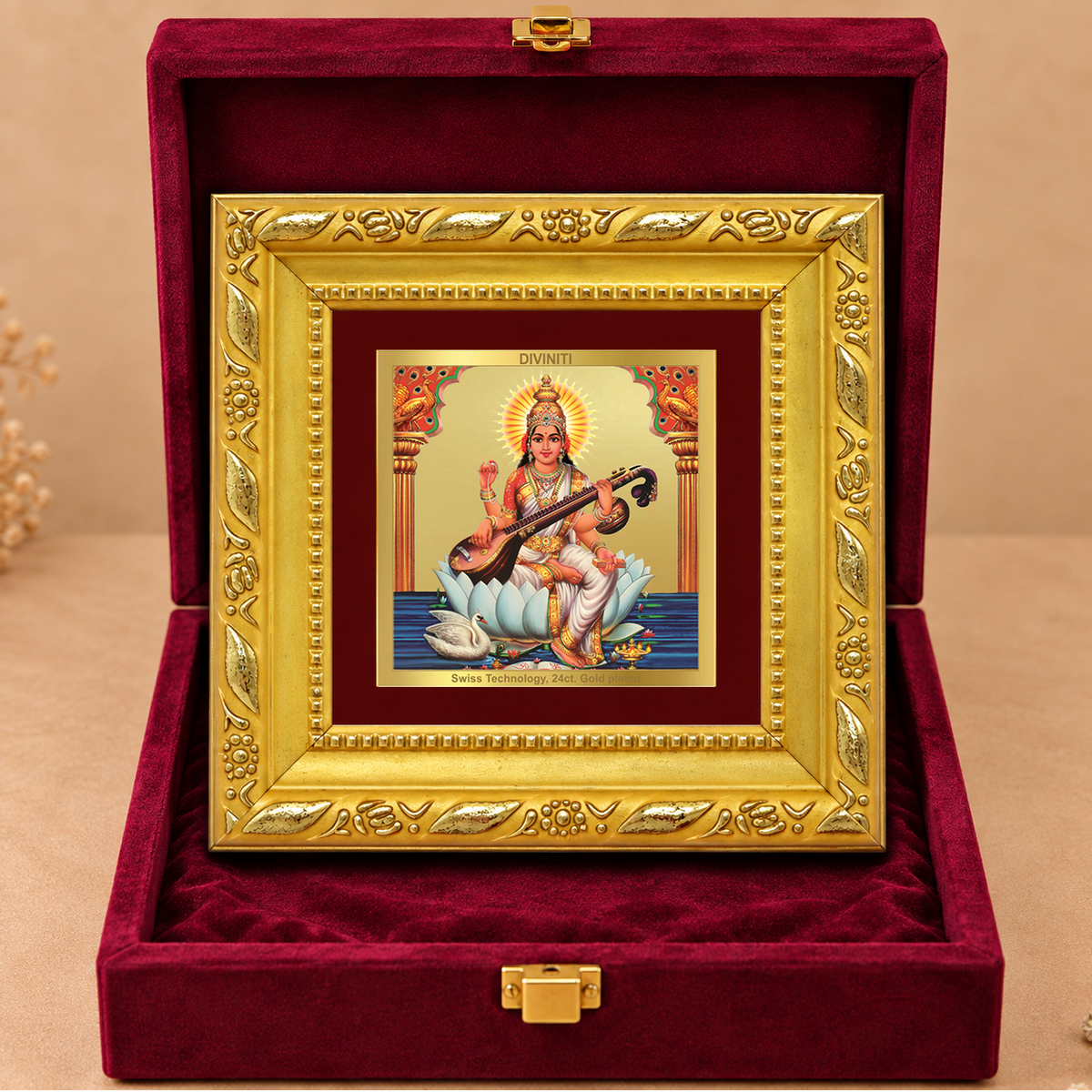 24K Gold-Plated Goddess Saraswati Frame | Premium Gift Box | 10x10 CM
