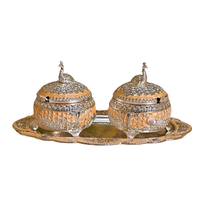 Diviniti Vintage Silver Plated Sugar Bowl with Serving Tray Dry Fruit Peacock Container Jar Set Traditional Parties & Dining Collection for Luxury Home Decor, Tabletop & Gift