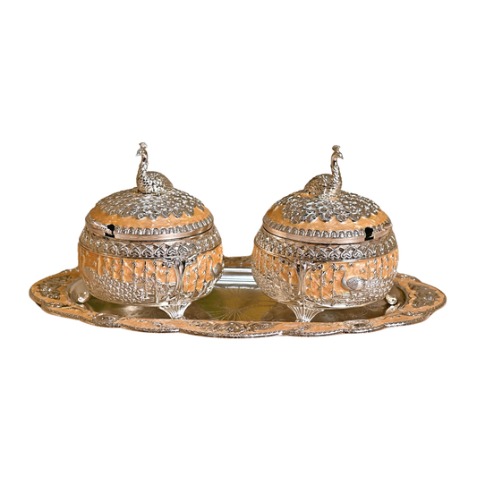Diviniti Vintage Silver Plated Sugar Bowl with Serving Tray Dry Fruit Peacock Container Jar Set Traditional Parties & Dining Collection for Luxury Home Decor, Tabletop & Gift
