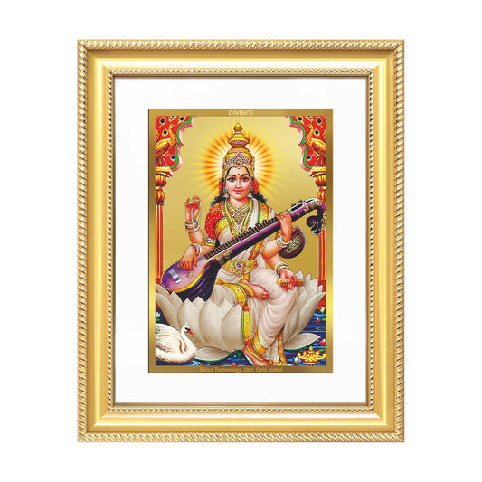 Diviniti 24K Gold Plated Saraswati Mata (Classic) Divine Wall Frame for Home Mandir & Office Decor | Luxury Spiritual Gift
