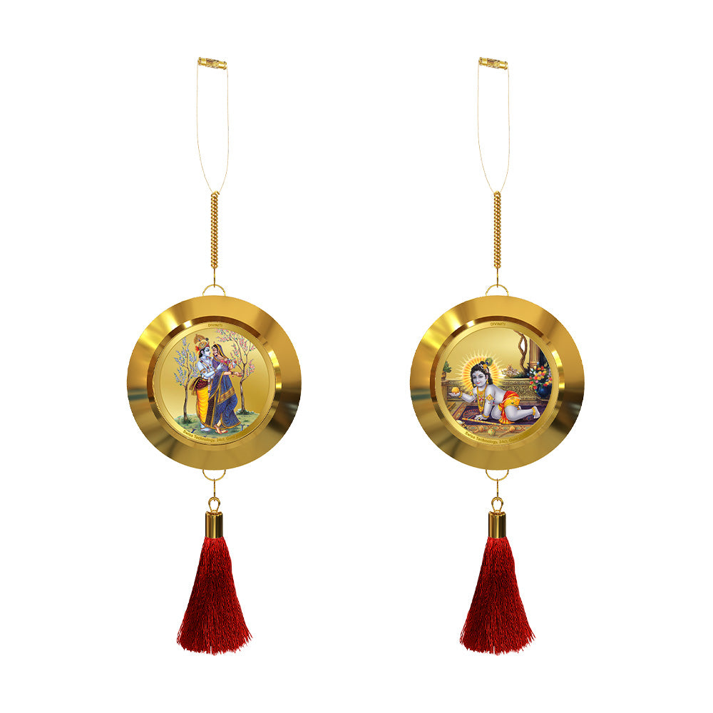 Diviniti 24K Gold Plated Double-Sided Radha Krishna & Laddu Gopal Car Dangler (5.5 cm) | Divine Hanging Car Decor for Protection, Positive Energy & Spiritual Blessings