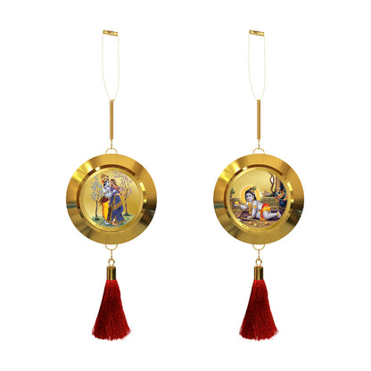 Diviniti 24K Gold Plated Double-Sided Radha Krishna & Laddu Gopal Car Dangler (5.5 cm) | Divine Hanging Car Decor for Protection, Positive Energy & Spiritual Blessings