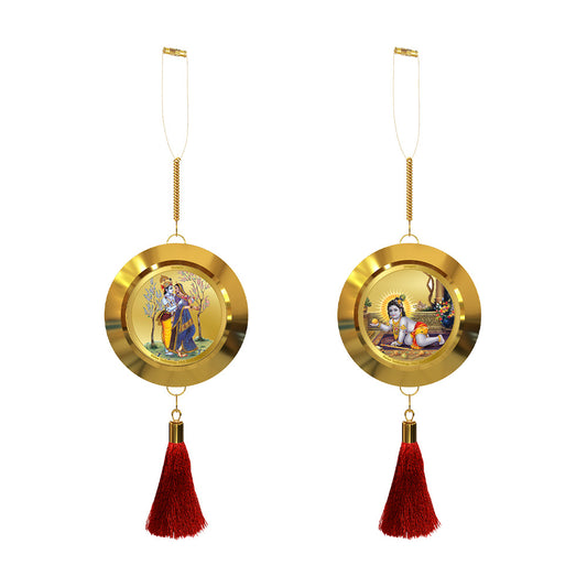 Diviniti 24K Gold Plated Double-Sided Radha Krishna & Laddu Gopal Car Dangler (5.5 cm) | Divine Hanging Car Decor for Protection, Positive Energy & Spiritual Blessings