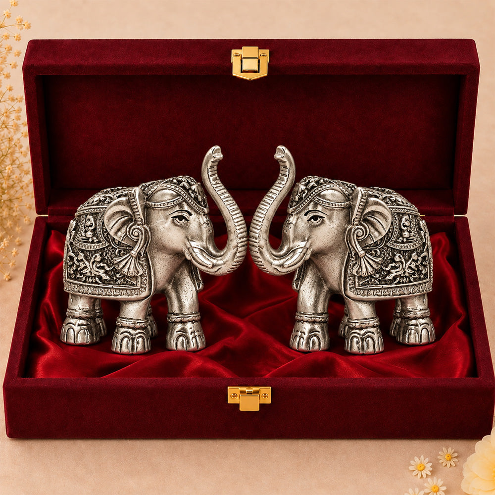 999 Silver-Plated Antique Elephant Pair | Premium Gift Box | 15x17 CM